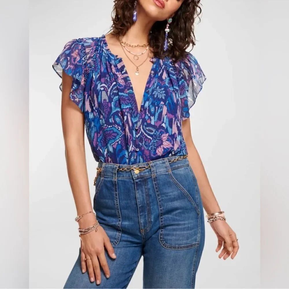 Ramy Brook Ember Flutter-Sleeve Blouse in Yellow NWT XXS